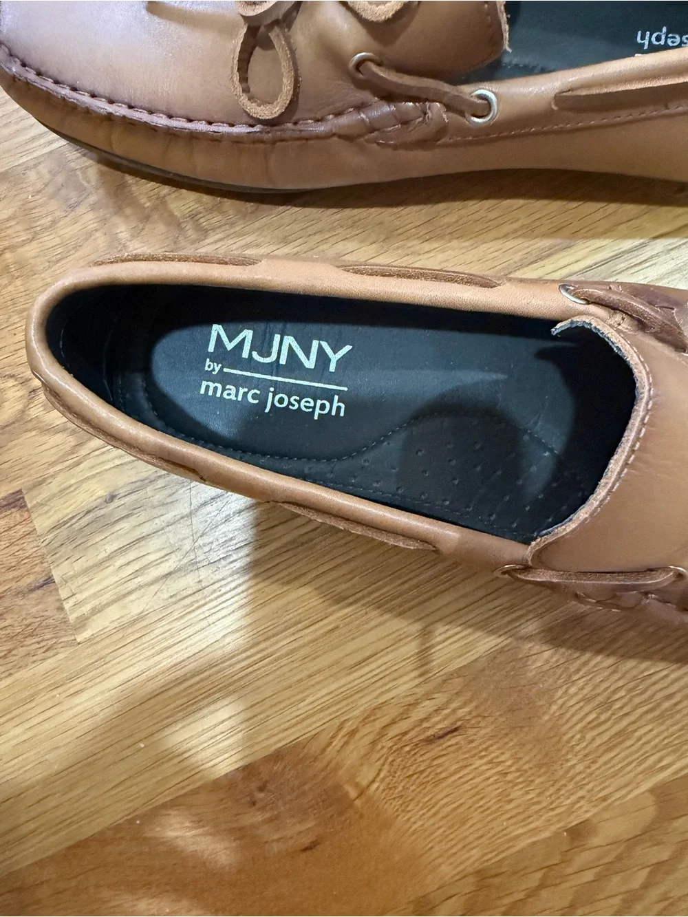 Marc Joseph Tan Leather Moccasin Boat Shoes with Bow Tie